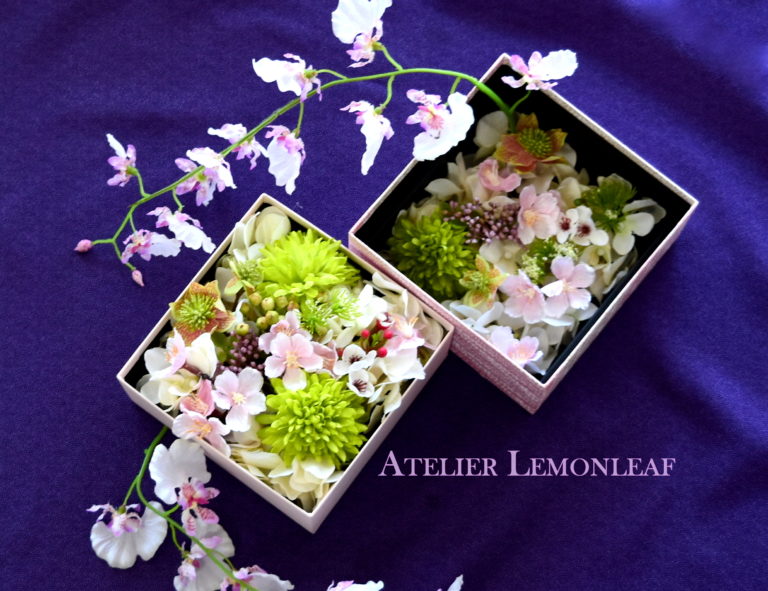 アトリエレモンリーフの桜のボックスアレンジ